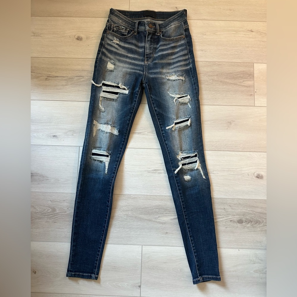 Buckle black high rise slim fit destruction with backing denim